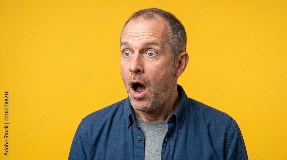 Obraz premium Surprised middle aged man with wide eyes and open mouth against a bright yellow background