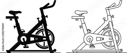 Indoor cycling stationary bicycle silhouette and line drawing isolated on white background for fitness