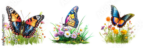 Set of a colorful butterfly illustration on a canvas, featuring shades of light navy and light amber, set against a soft on transparent png background