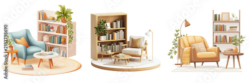 Set of A cozy living room featuring a rustic bookshelf with potted plants, small wooden figurines of animals, and neatly stacked books for a modern home decor look on transparent png background