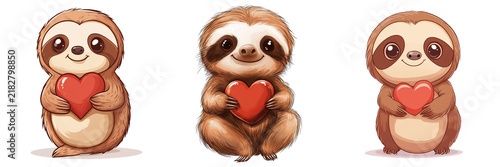 Set of A cute, hand-drawn illustration of a sloth hanging lazily from a tree branch, surrounded by heart-shaped doodles on transparent png background