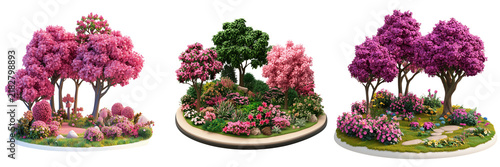 Set of A highly detailed 3D cartoon-style icon of a vibrant bougainvillea plant with vivid pink and purple flowers, surrounded by lush green leaves on transparent png background