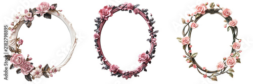 Set of A luxurious oval frame with intricate gold detailing, showcasing a cluster of delicate pink roses and green foliage arranged artistically on transparent png background