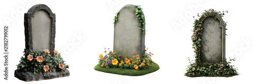 Set of A serene grave adorned with fresh flowers, set in a peaceful cemetery, captured against on transparent png background