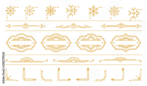 set of gold vector snowflake, border, and frame elements for winter festive decor.