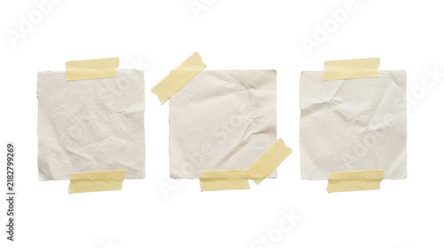 Crumpled paper notes with adhesive tape, wrinkled memo sheets, grungy stationery notes isolated on Transparent Background