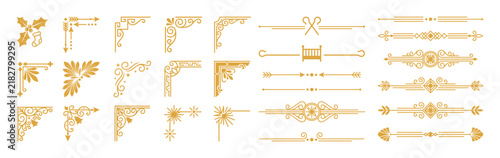 Vintage gold corner frames and decorative line dividers set for elegant menu templates.