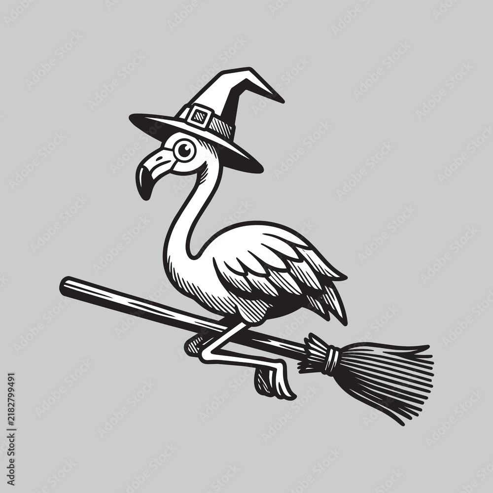Obraz premium Funny flamingo wearing a witch hat flying on a wooden broomstick vector illustration unique tropical halloween concept for summer vacation cards beach party decals and web graphics