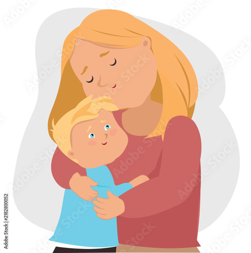 Loving Mom Hugging Little Son Vector Character