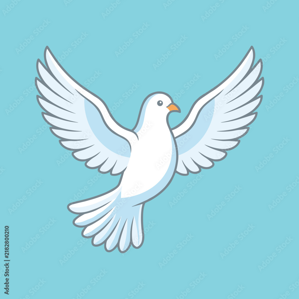 Obraz premium Vector illustration of a white pigeon or dove in flight with wings spread wide, set against a light blue background, symbolizing peace, freedom, and spirituality in a clean style.