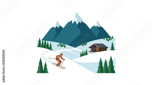 Skier descends a snowy mountain slope with chalet vector illustration
