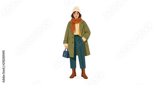 Woman in autumnal clothing stands against a white background