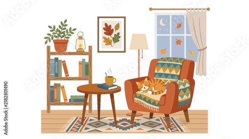 Cozy living room interior with a sleeping cat and autumn decor