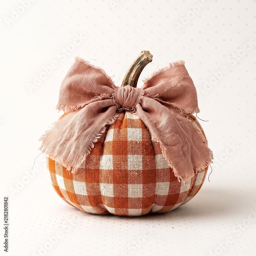 Gingham Fabric Pumpkin Decor With Frayed Pink Bow For Rustic Fall Home Styling