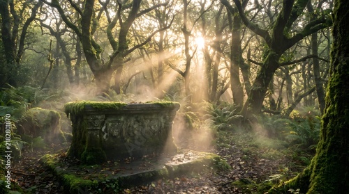 Stone altar covered in green moss stands in a misty ancient forest illuminated by golden sunlight filtering through gnarled tree branches.