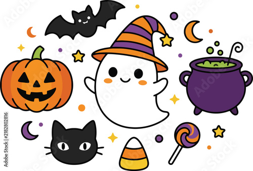 Cute hand drawn halloween elements featuring a ghost with a witch hat pumpkin cat bat and cauldron