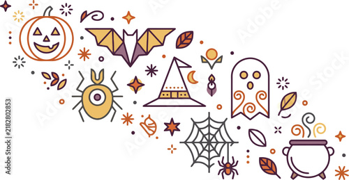 Set of colorful halloween icons and hand drawn doodle elements on a white background for holiday design
