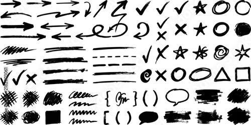 Collection of hand drawn arrows and doodle symbols with ink texture graphic design brush stroke bullet points sketches checkmarks scribbles elements