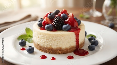 Small delicious cheesecake topped with fresh berries and sweet red fruit sauce