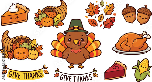 Cute thanksgiving day sticker set featuring a turkey cornucopia roasted turkey pumpkin pie and autumn leaves