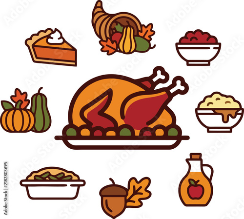 Set of traditional thanksgiving dinner food icons featuring roasted turkey pumpkin pie and seasonal autumn harvest elements