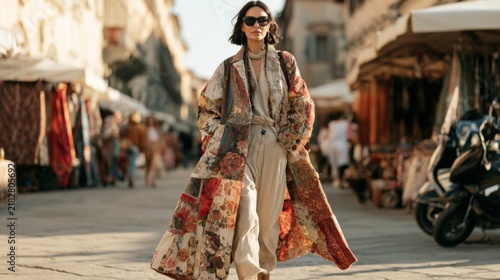 Elegant Middle-Aged Woman in Bohemian Patchwork Long Coat Strolling Through Vibrant Market Street