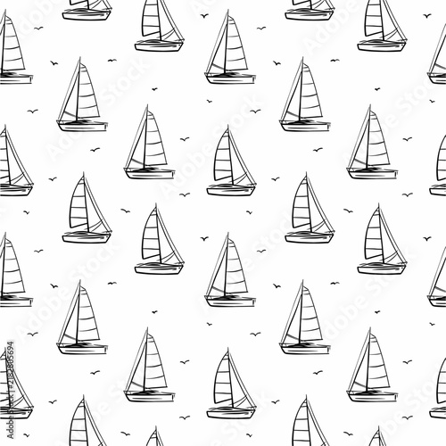 Yacht pattern hand drawn in doodle style on white background