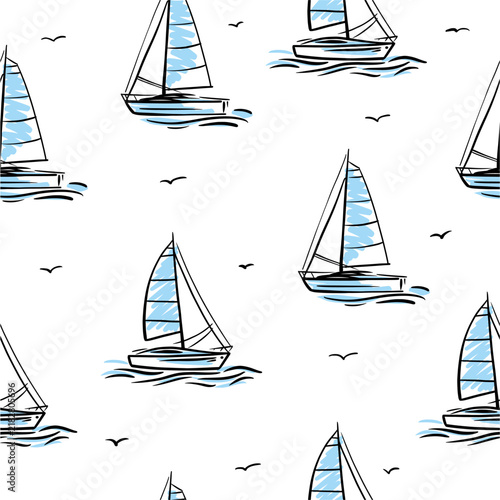 Yacht pattern hand drawn in doodle style on white background