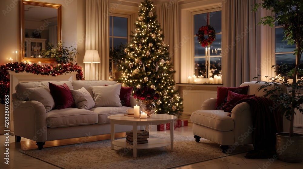 Obraz premium Cozy living room with illuminated Christmas tree, glowing fireplace, candles, plush seating, textured throws, festive decor, warm ambient light, and elegant winter home atmosphere