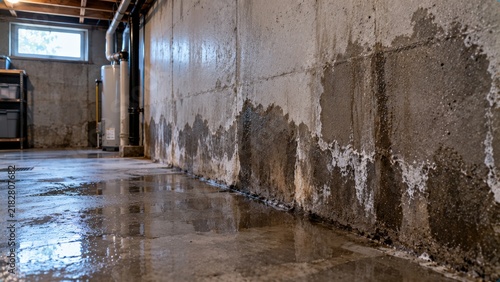 Wet concrete basement wall and floor with water streaks and efflorescence from water intrusion.