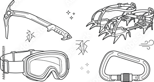 Foto Mountaineering Ice Axe Crampons Goggles and Carabiner Line Art Vector Set