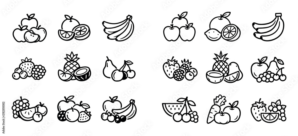 Obraz premium Fresh fruits and natural produce icon set with apples pile citrus mix and ripe bananas for mobile app design in monoline style
