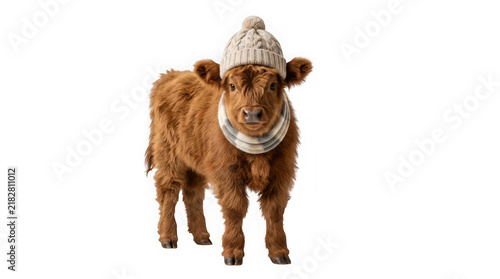 A cute fluffy highland calf wearing a cozy knitted winter hat and scarf, isolated on transparent background