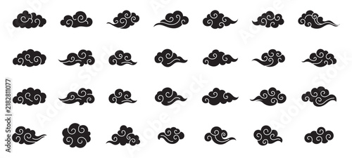 Set of Asian clouds. Traditional Chinese and Japanese clouds. Decorative and ornamental design of clouds for decor. Vector illustration.