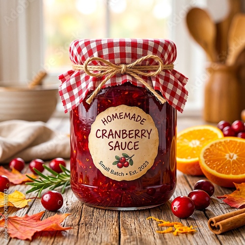Homemade Cranberry Sauce Jar With Orange Slices and Autumn Garnish On Rustic Table
