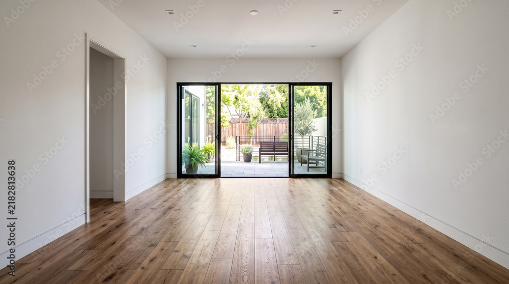 Obraz premium Modern empty living room apartment interior with large glass doors opening to a sunny outdoor terrace
