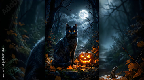 Black cat silhouette sits amongst glowing pumpkins in a spooky forest