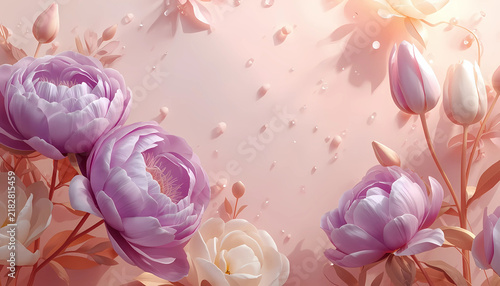 Elegant floral background with soft purple peonies and tulip buds in delicate pastel light pastel flowers floral design spring flowers nature background