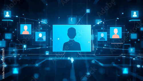 Abstract digital network visualization featuring glowing human profile avatars linked by data connections in a futuristic cyberspace environment