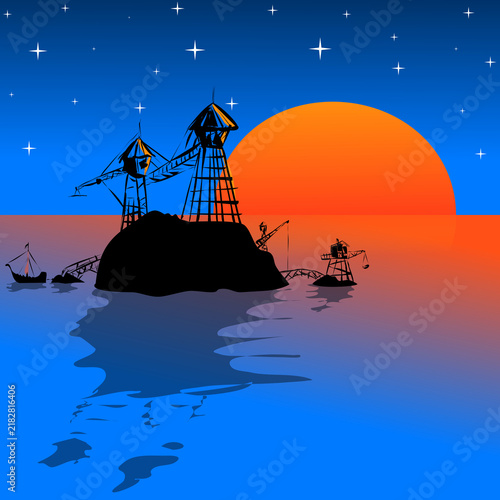 Whimsical retro vector illustration of a small floating fishing village in the middle of the sea, with wooden docks, boats, tiny houses, lanterns and atmospheric evening sky. Charming nautical fantasy