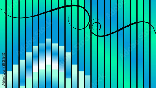 Abstract modern vector background with colorful vertical bars, turquoise and blue gradients, black flowing lines and circular shapes. Dynamic geometric composition for technology, business,