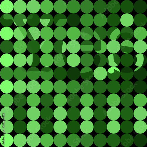 Abstract seamless-style vector pattern made of overlapping green circles in different shades, creating a dense geometric botanical-inspired texture. Modern decorative background for packaging, wallpap