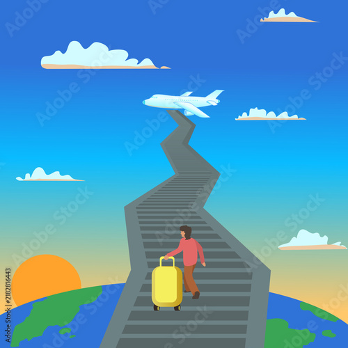 Surreal vector illustration of a traveler walking with a yellow suitcase on a winding staircase leading toward an airplane in the sky, symbolizing travel, adventure, dreams, journey and new opportunit