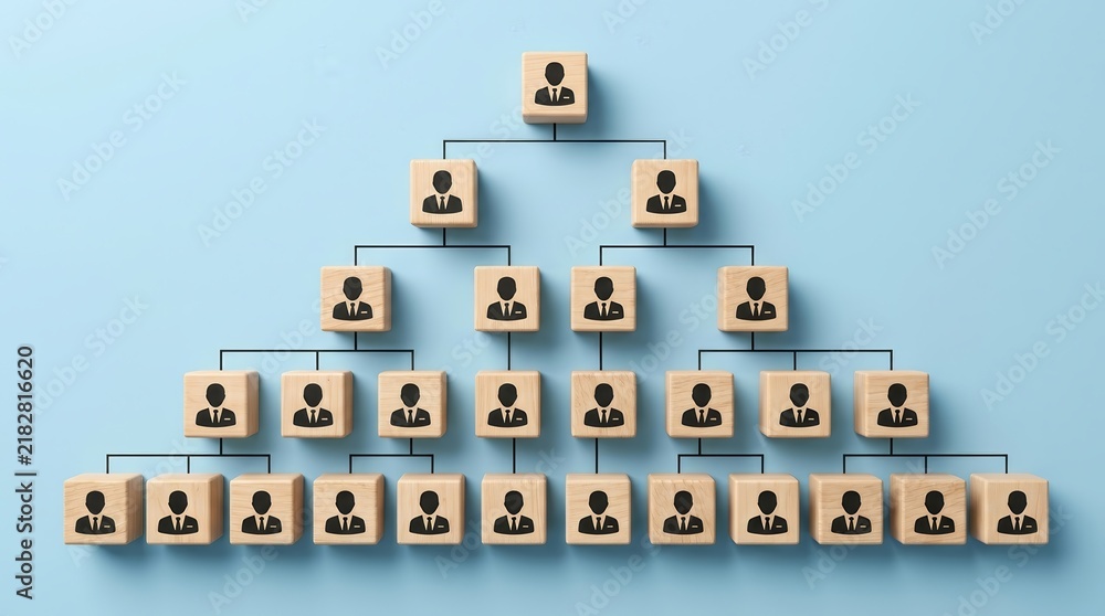 Fototapeta premium A clear organizational chart assembled from wooden blocks depicting company hierarchy.