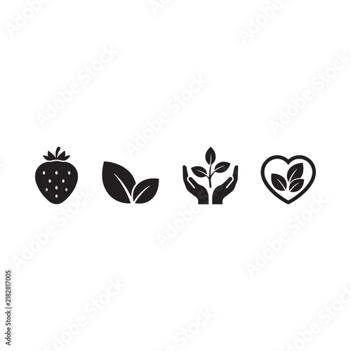 Strawberry Leaves And Hands Icon Set Black Silhouette On White Background