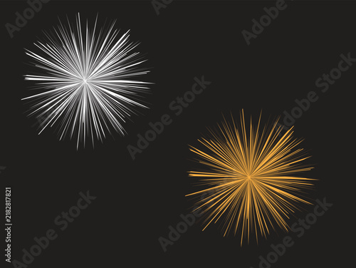 Two bursts of fine white and orange lines radiating outward against a dark background, creating dynamic abstract starburst effects