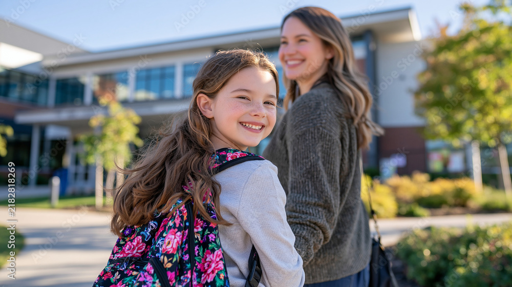 Naklejka premium Rear view of a young schoolgirl and her mother walking hand in hand toward a bright contemporary school building, secure backpack on the child, faceless composition, warm sunlight, clean pavement an