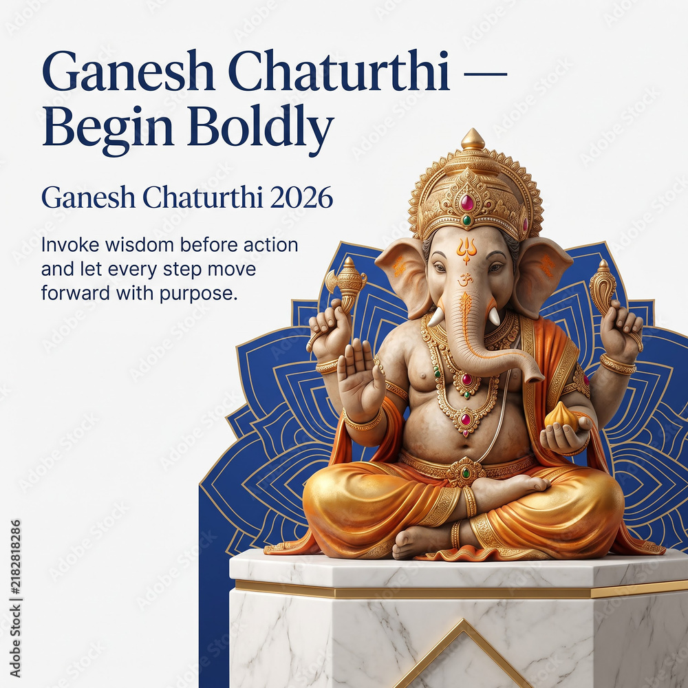 Fototapeta premium Ganesh Chaturthi festival greeting card with Lord Ganesha statue on marble pedestal