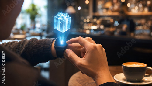 Smartwatch Projecting 3D Holographic Gift Box in Modern Coffee Shop