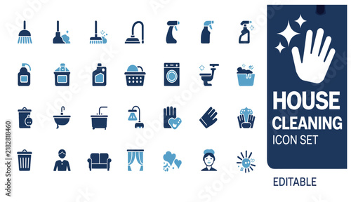 House cleaning icon set with blue and white elements for various household chores and services.